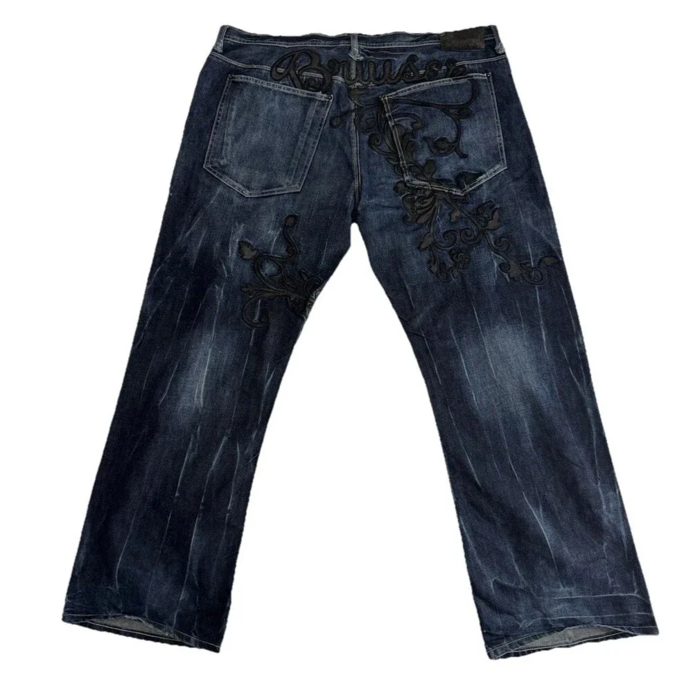 Artful Dodger Blue Jeans Embroidered Pockets Wide Leg Baggy Y2K Mens Size 42X33